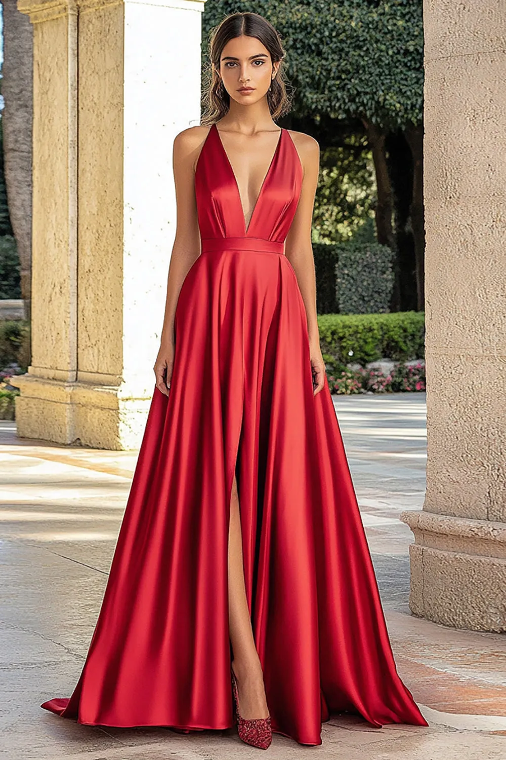 A Line Spaghetti Straps Red Plus Long Prom Dress with Slit sold by Zapaka