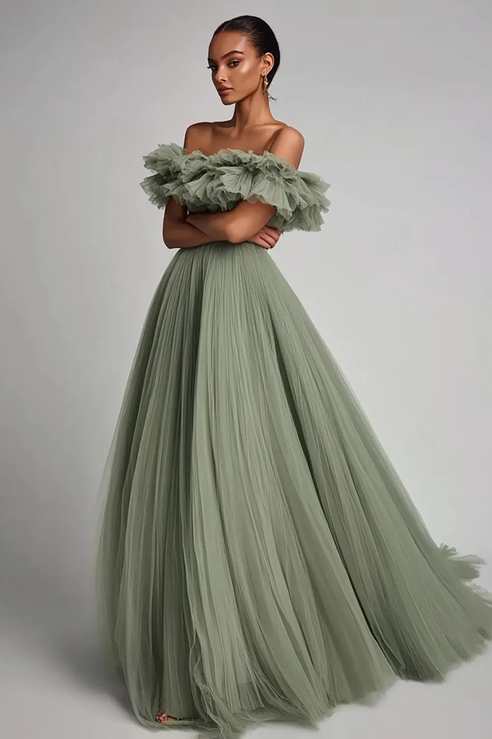Dusty Sage Ruffled Strapless A Line Formal Dress sold by Zapaka