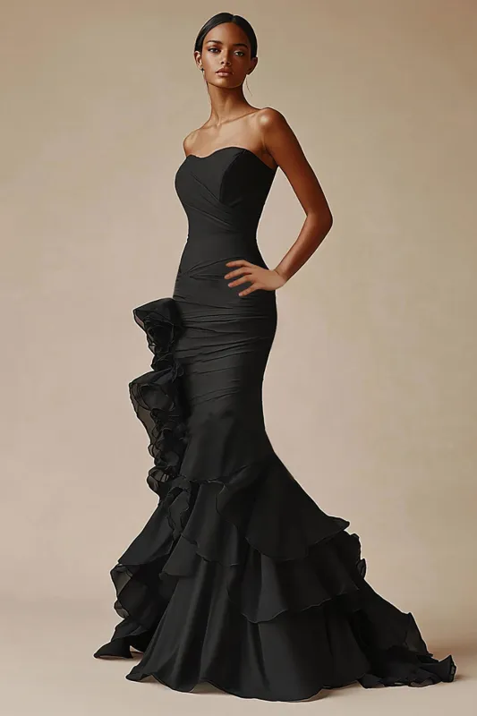 Black Strapless Ruffled Mermaid Long Formal Dress sold by Zapaka