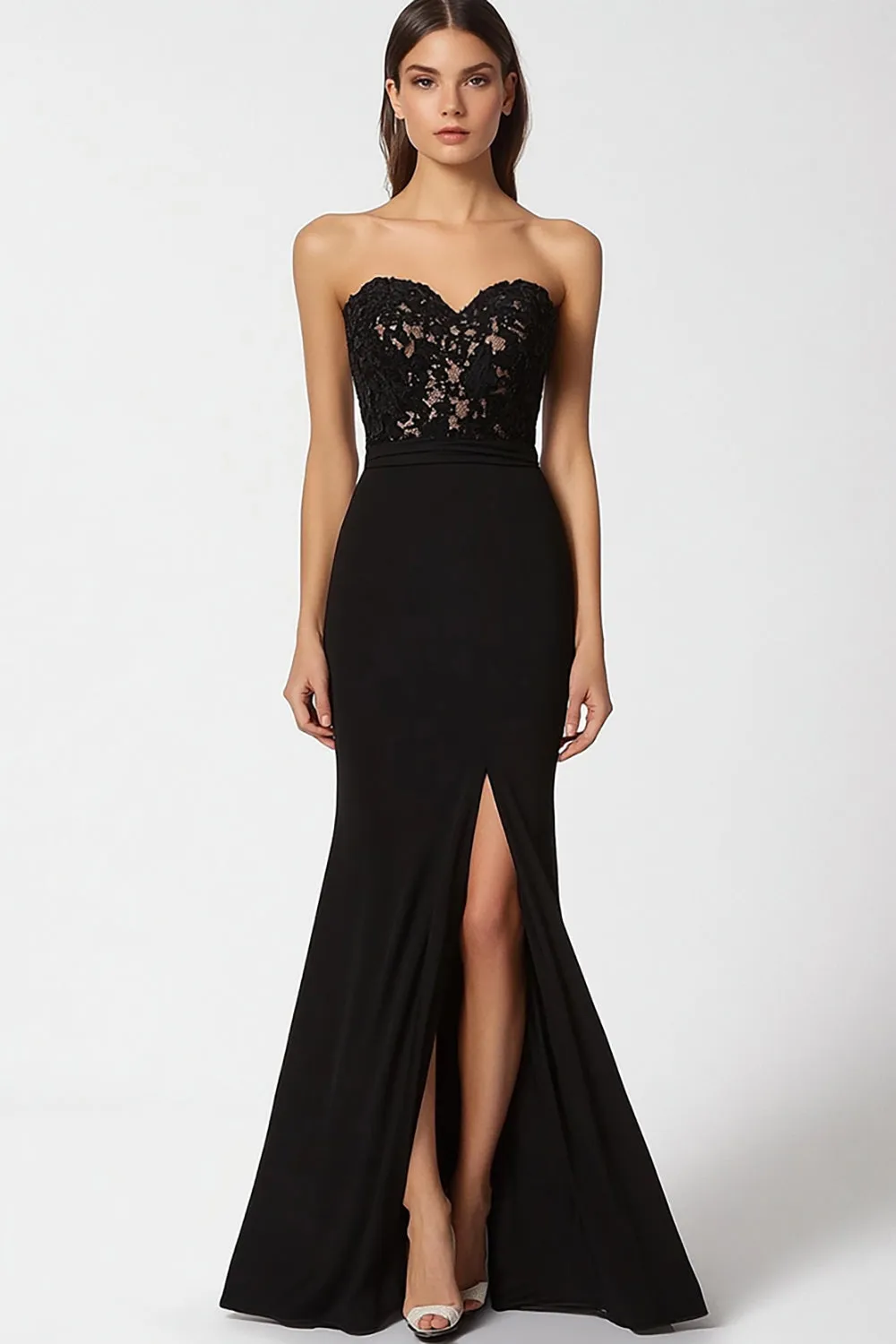 Black Lace Satin Strapless Mermaid Formal Dress with Slit sold by Zapaka