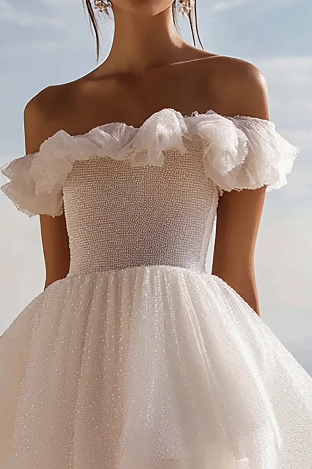 Off the Shoulder A Line White Ruffled Graduation Dress sold by Zapaka product image thumbnail 2