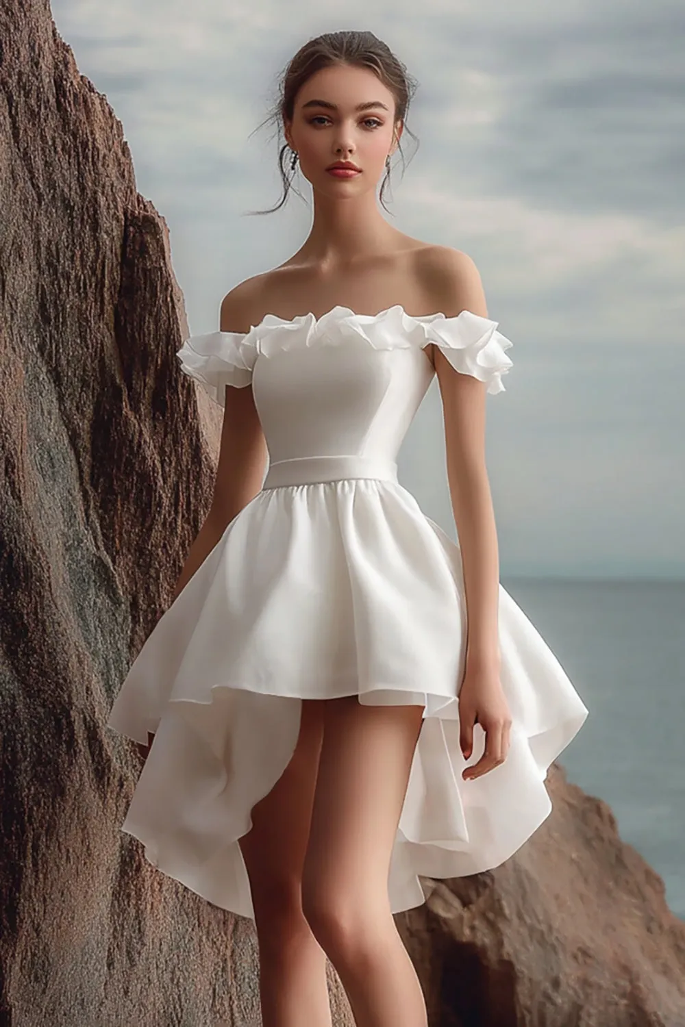 Off the Shoulder A Line White Organza Graduation Dress sold by Zapaka
