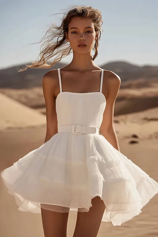 White Organza Spaghetti Straps A Line Tiered Graduation Dress sold by Zapaka