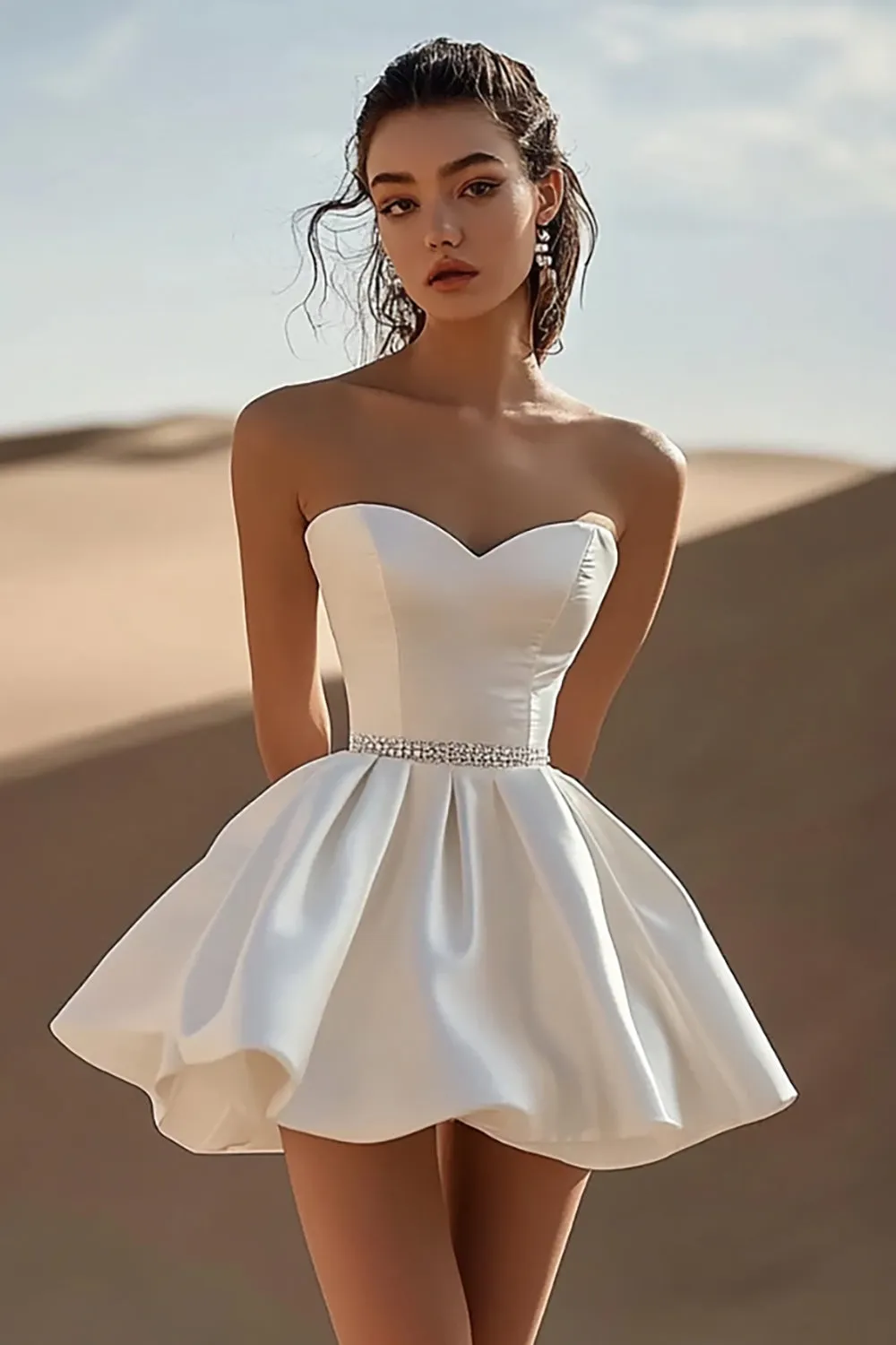 Sweetheart White A Line Satin Graduation Dress with Beading sold by Zapaka