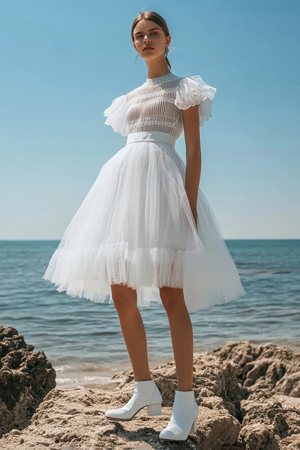 A Line White Tulle High Neck Graduation Dress with Ruffles sold by Zapaka