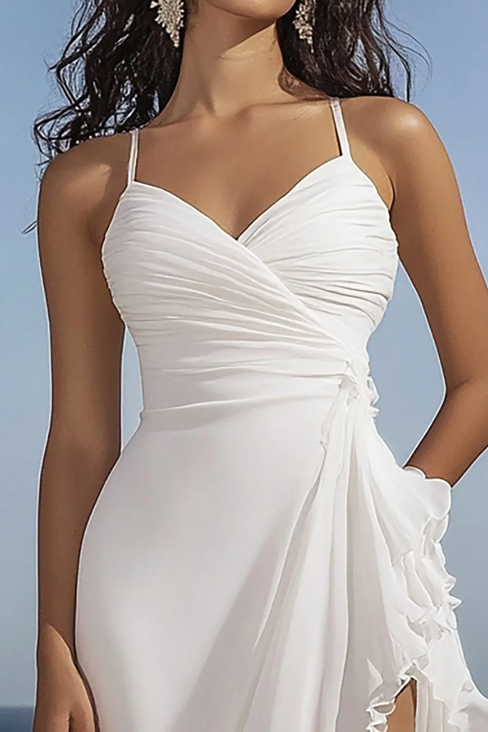 White Spaghetti Straples Ruffled Graduation Dress with Slit sold by Zapaka product image thumbnail 2