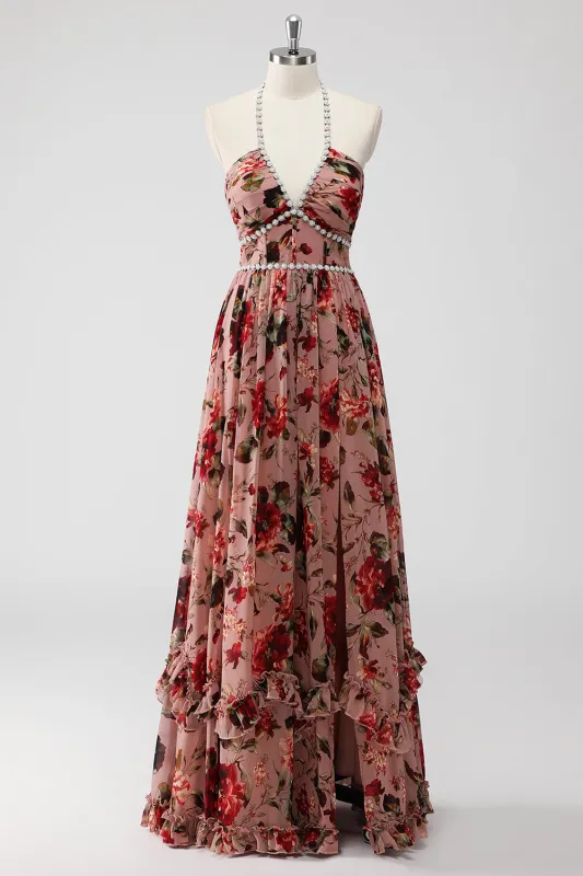 Dusty Rose Halter Flowers A Line Wedding Guest Dress with Slit made by Zapaka