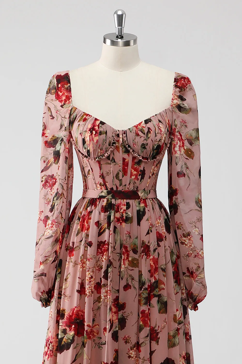 Dusty Rose Floral Corset A Line Long Sleeves Wedding Guest Dress sold by Zapaka product image thumbnail 4