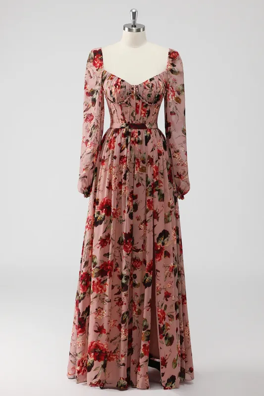 Dusty Rose Floral Corset A Line Long Sleeves Wedding Guest Dress sold by Zapaka