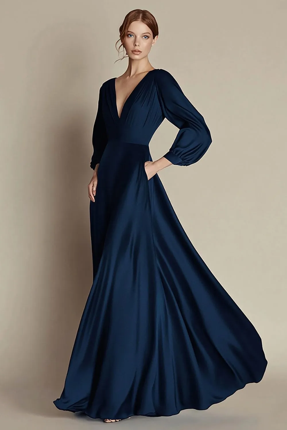 Navy A Line V Neck Satin Long Sleeves Formal Dress sold by Zapaka