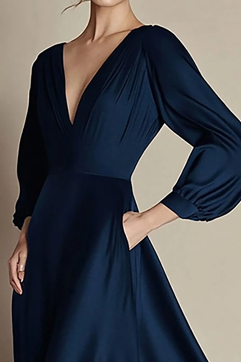 Navy A Line V Neck Satin Long Sleeves Formal Dress sold by Zapaka product image thumbnail 2