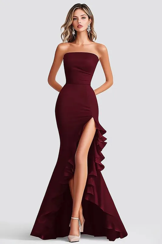 Burgundy Mermaid Strapless Ruffled Formal Dress sold by Zapaka