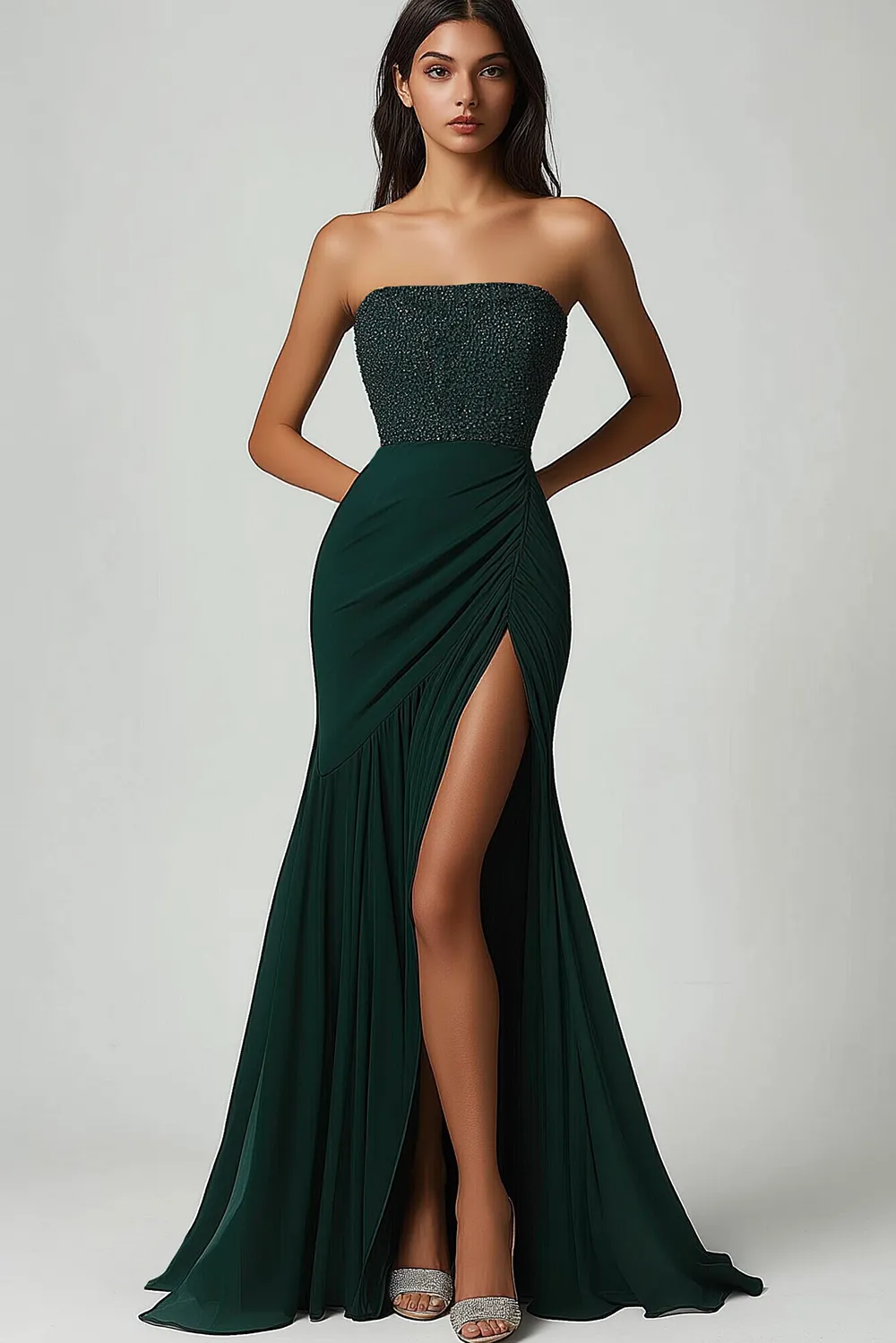 Sparkly Green Mermaid Strapless Sequins Prom Dress with Slit sold by Zapaka