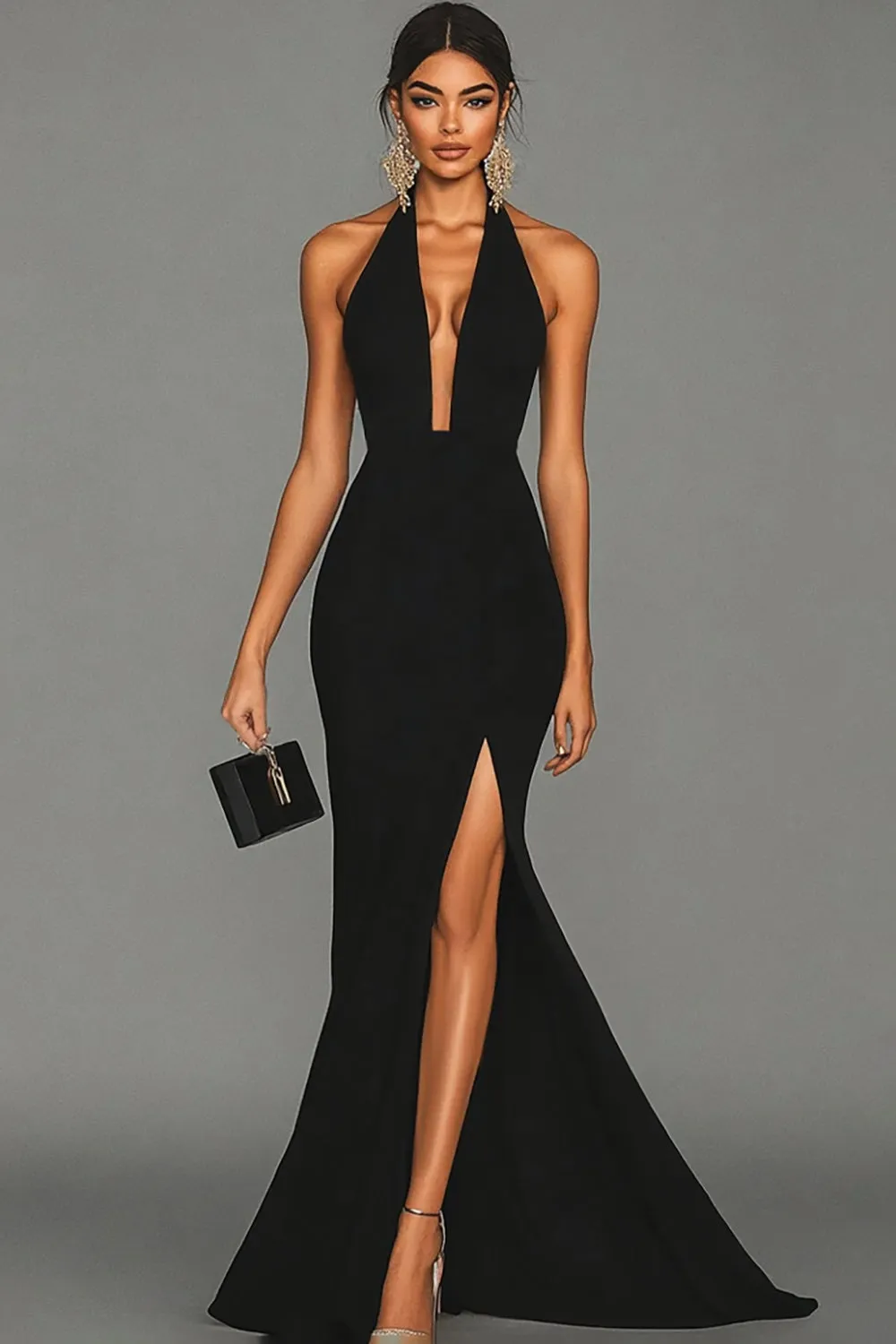 Mermaid Black Halter Satin Long Formal Dress with Slit sold by Zapaka