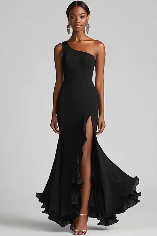 Black Chiffon One Shoulder Mermaid Formal Dress with Slit sold by Zapaka