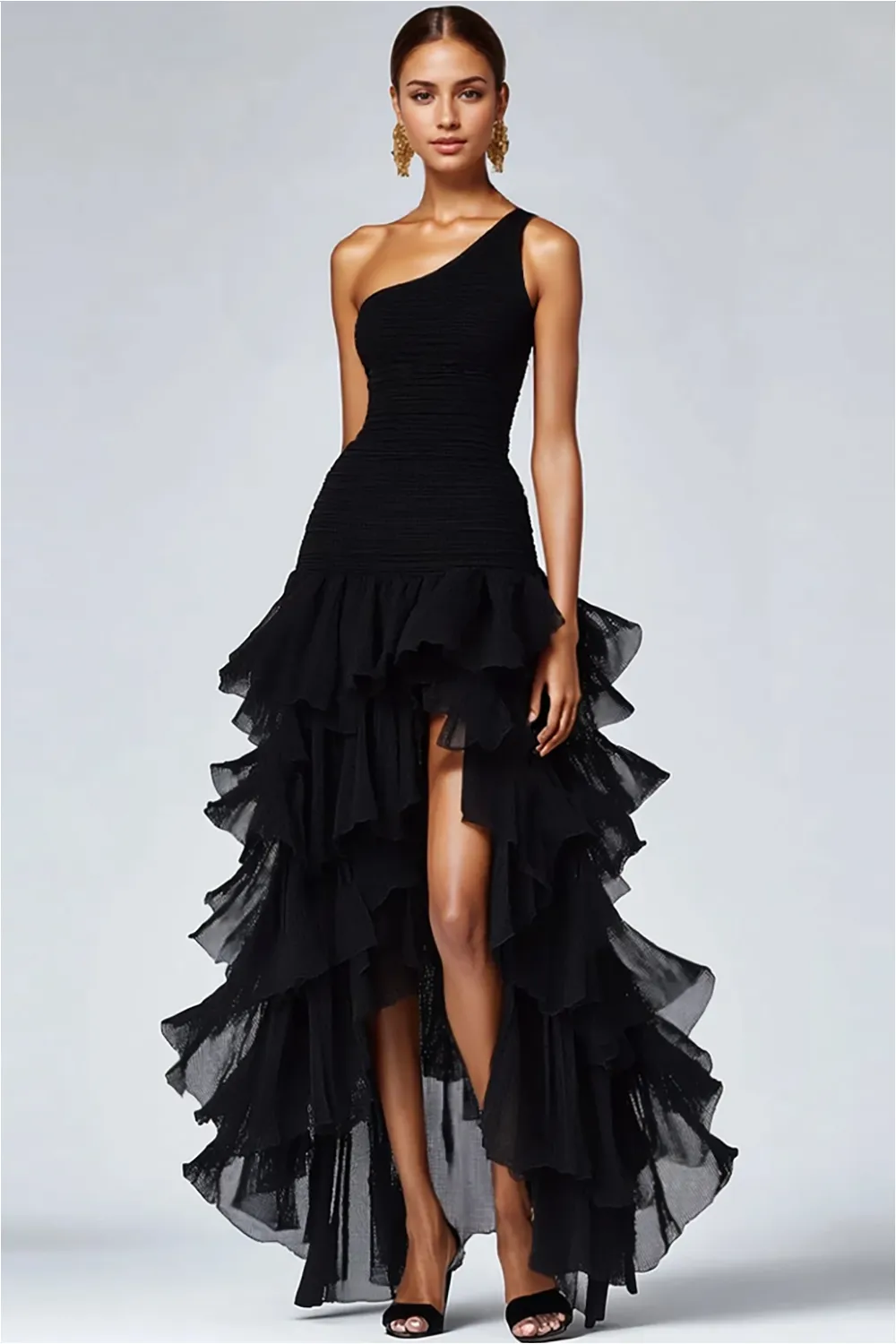 One Shoulder Ruffled A Line Black Formal Dress with Slit sold by Zapaka