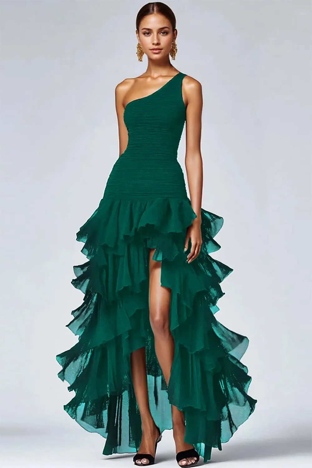 One Shoulder Ruffled A Line Black Formal Dress with Slit sold by Zapaka product image thumbnail 3