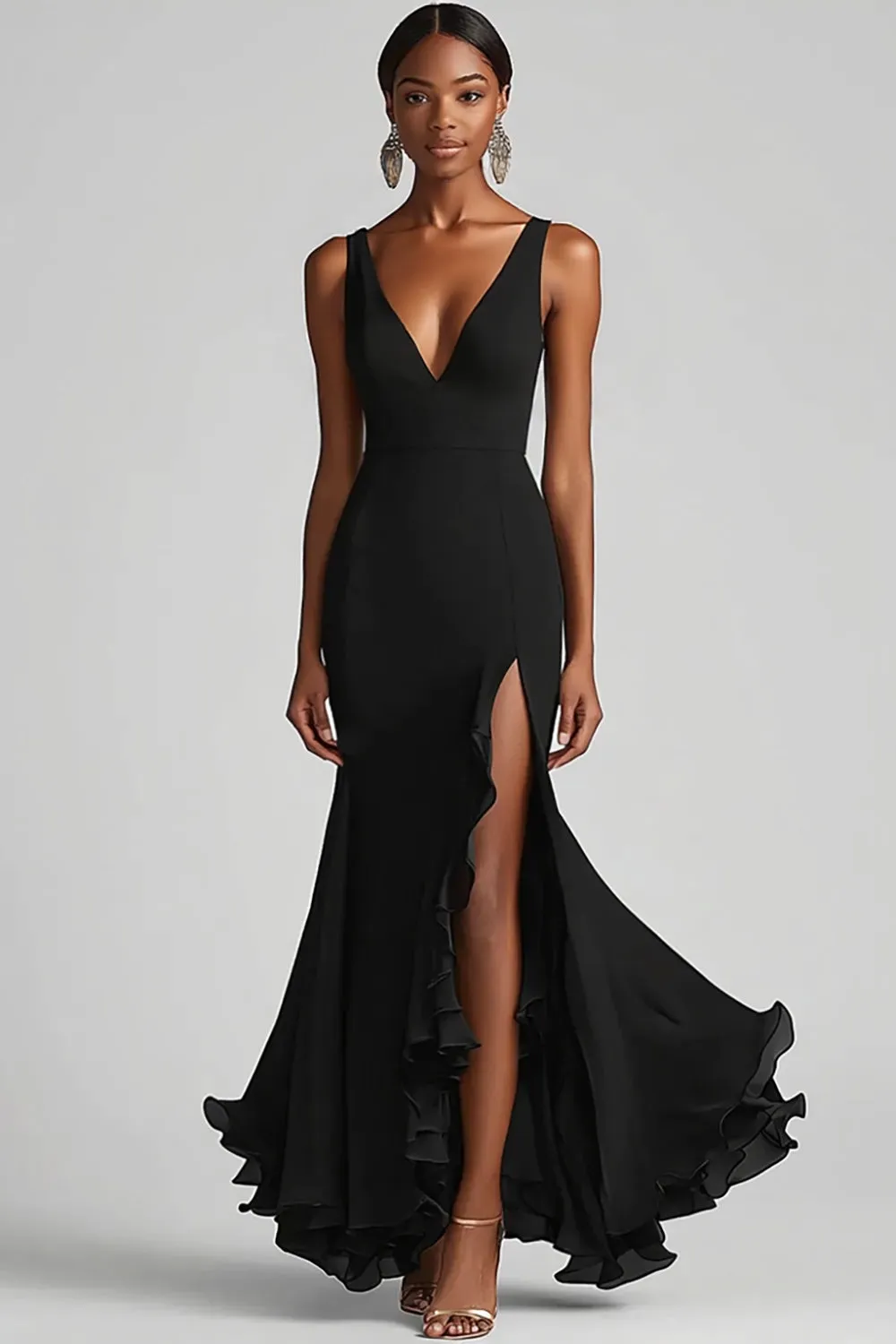 Black V Neck Ruffled Mermaid Formal Dress with Slit sold by Zapaka