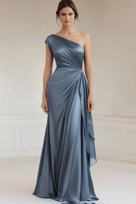 One Shoulder Grey Blue Ruched Formal Dress sold by Zapaka