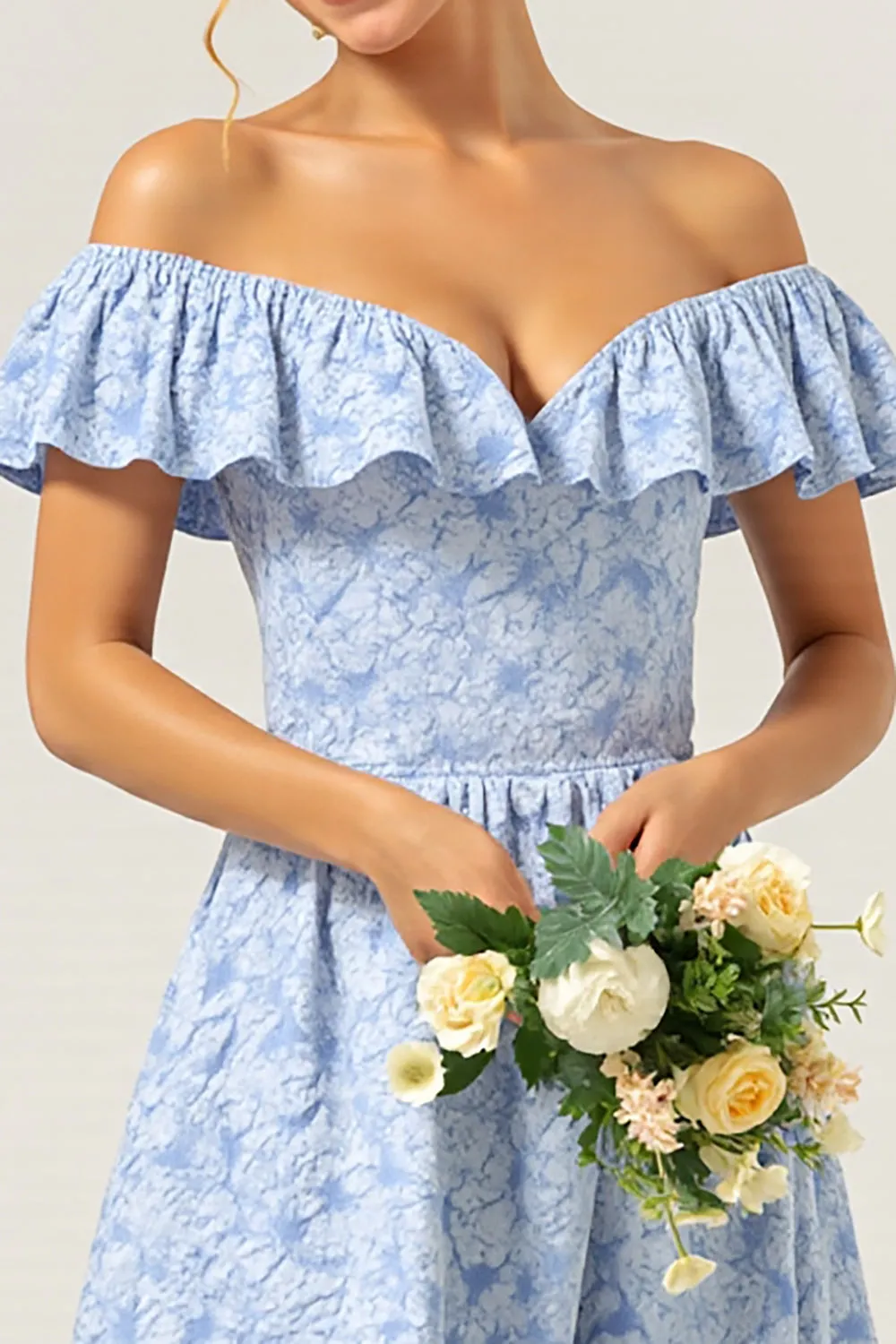 Blue Floral Off The Shoulder A Line Bridesmaid Dress sold by Zapaka product image thumbnail 3