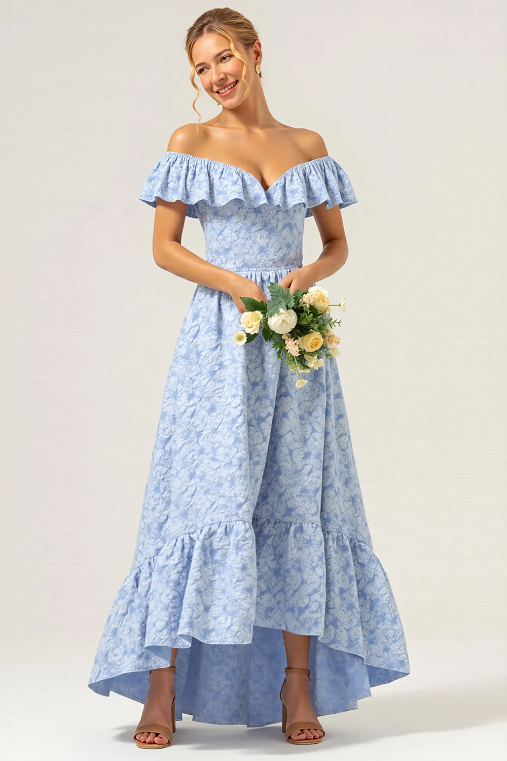 Blue Floral Off The Shoulder A Line Bridesmaid Dress sold by Zapaka
