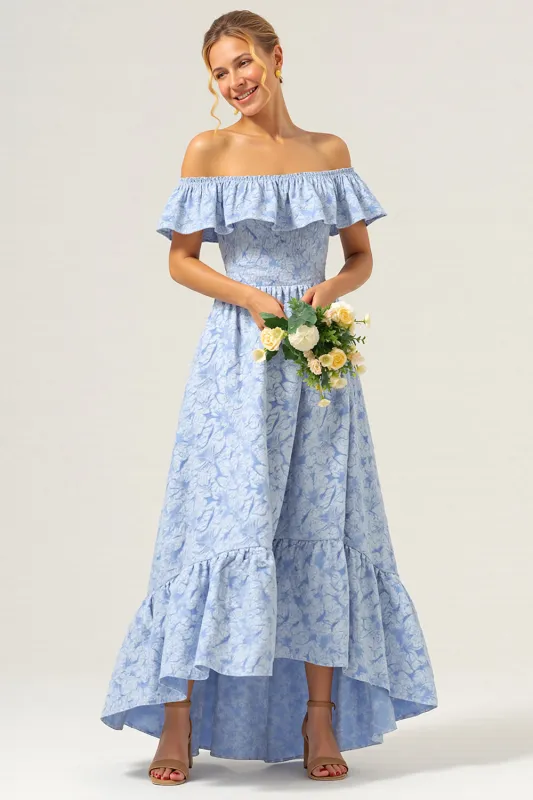 Off The Shoulder Ruffled High Low Blue Bridesmaid Dress sold by Zapaka