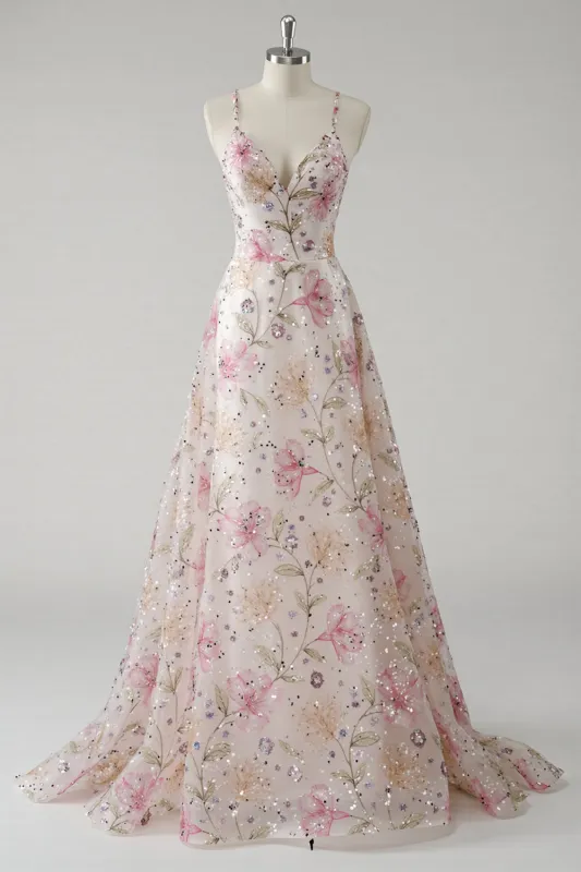 Pink A Line Spaghetti Straps Floral Prom Dress With Sequins sold by Zapaka