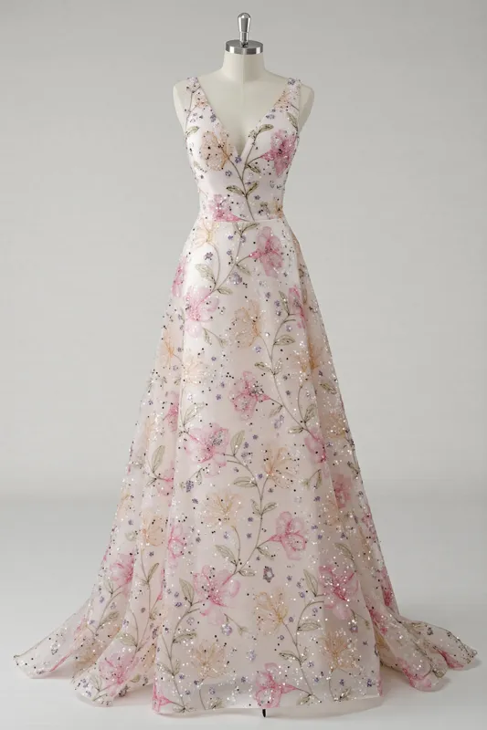 Sparkly Pink A Line Floral V Neck Long Prom Dress sold by Zapaka