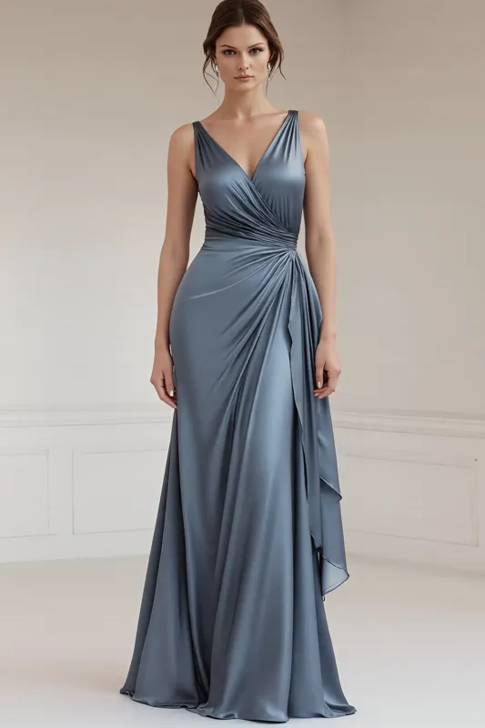 Grey Blue V Neck A Line Long Formal Dress sold by Zapaka