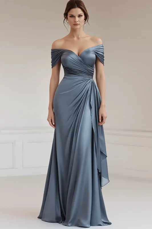 Off The Shoulder A Line Long Grey Blue Formal Dress sold by Zapaka