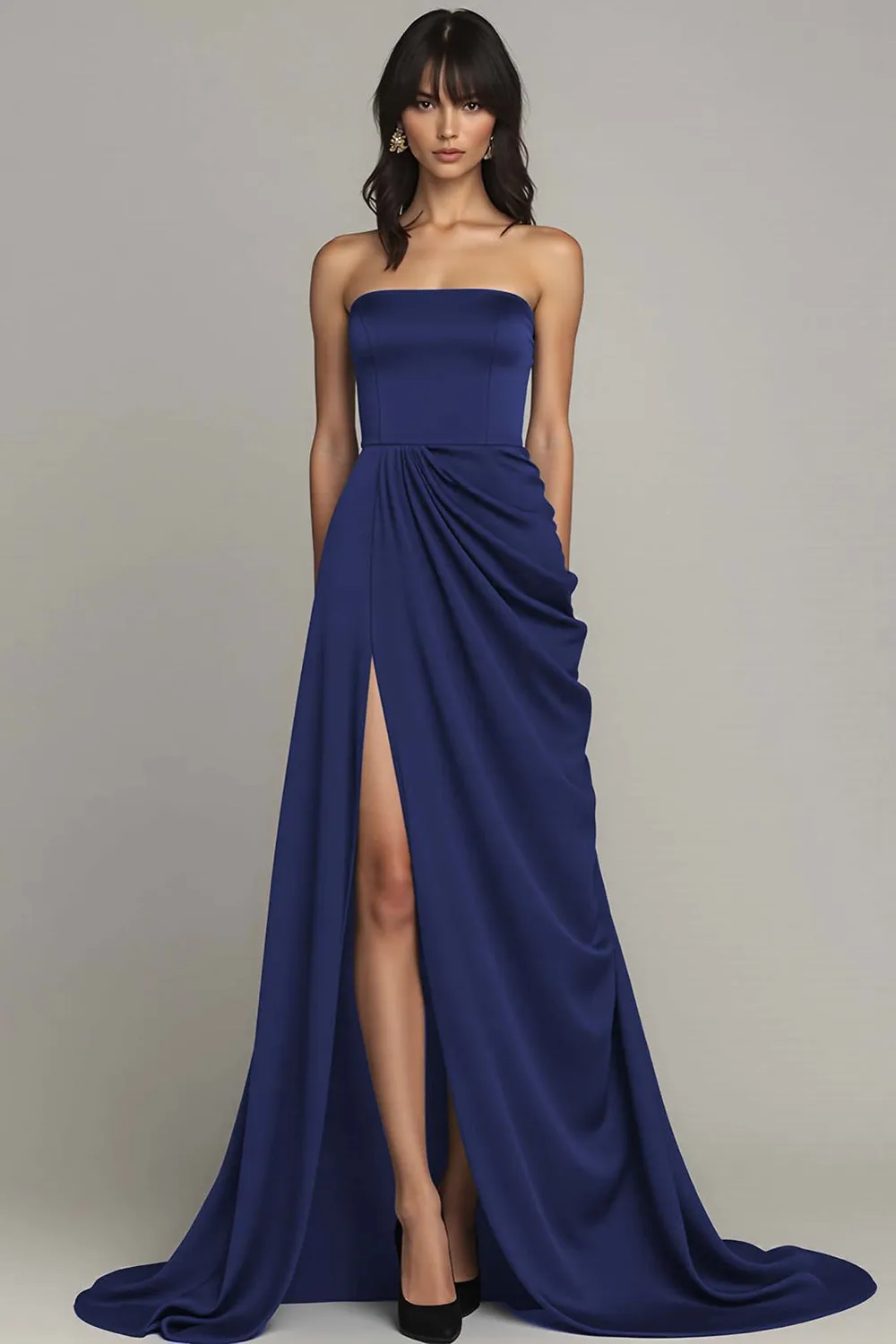 Black Strapless A Line Ruched Long Formal Dress with Slit sold by Zapaka product image thumbnail 5