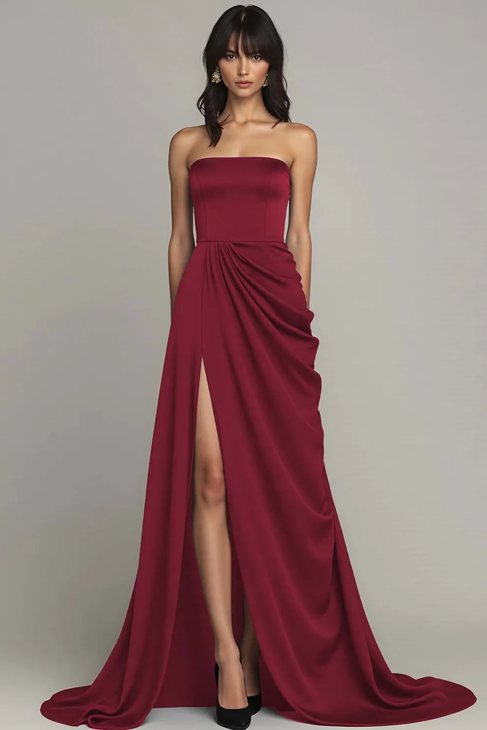 Black Strapless A Line Ruched Long Formal Dress with Slit sold by Zapaka product image thumbnail 3