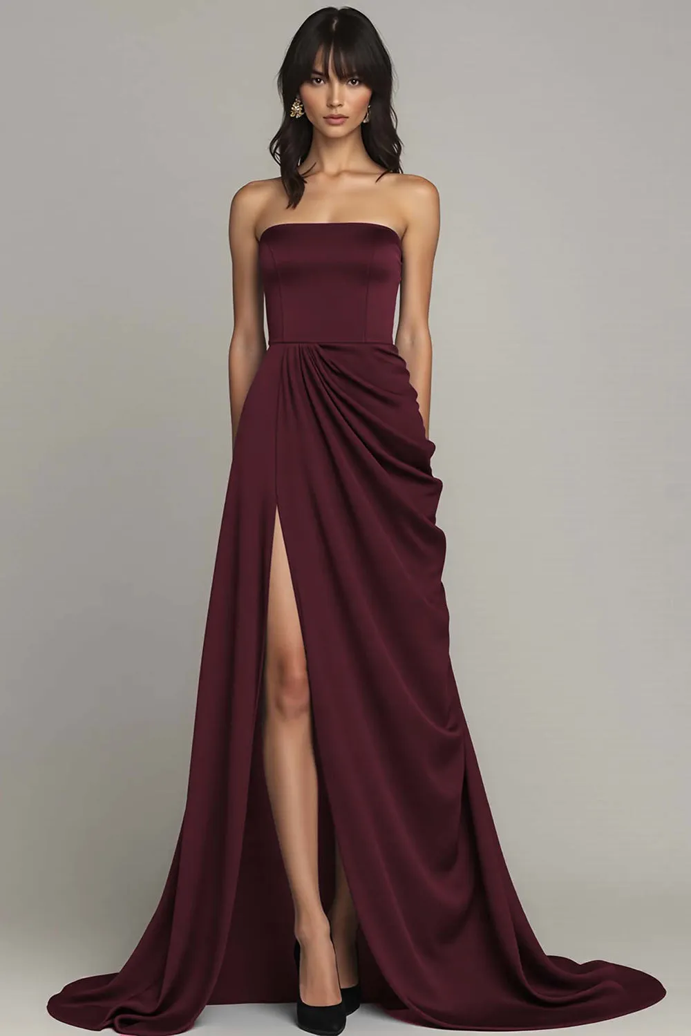 Black Strapless A Line Ruched Long Formal Dress with Slit sold by Zapaka product image thumbnail 4