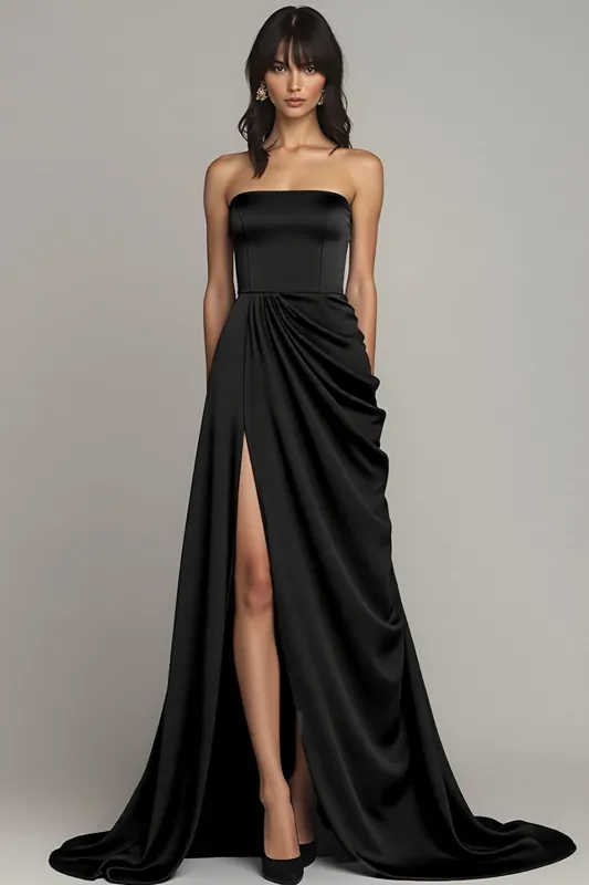 Black Strapless A Line Ruched Long Formal Dress with Slit sold by Zapaka