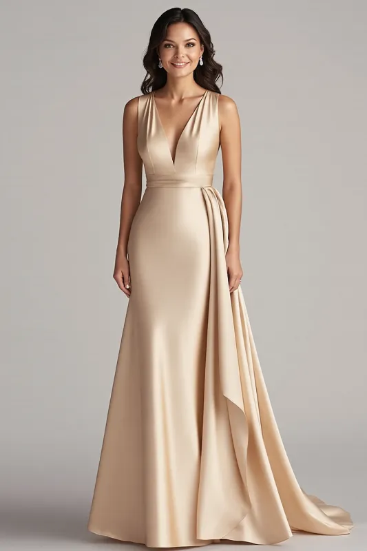 Champagne V Neck Sheath Long Formal Dress with Side Streamer sold by Zapaka