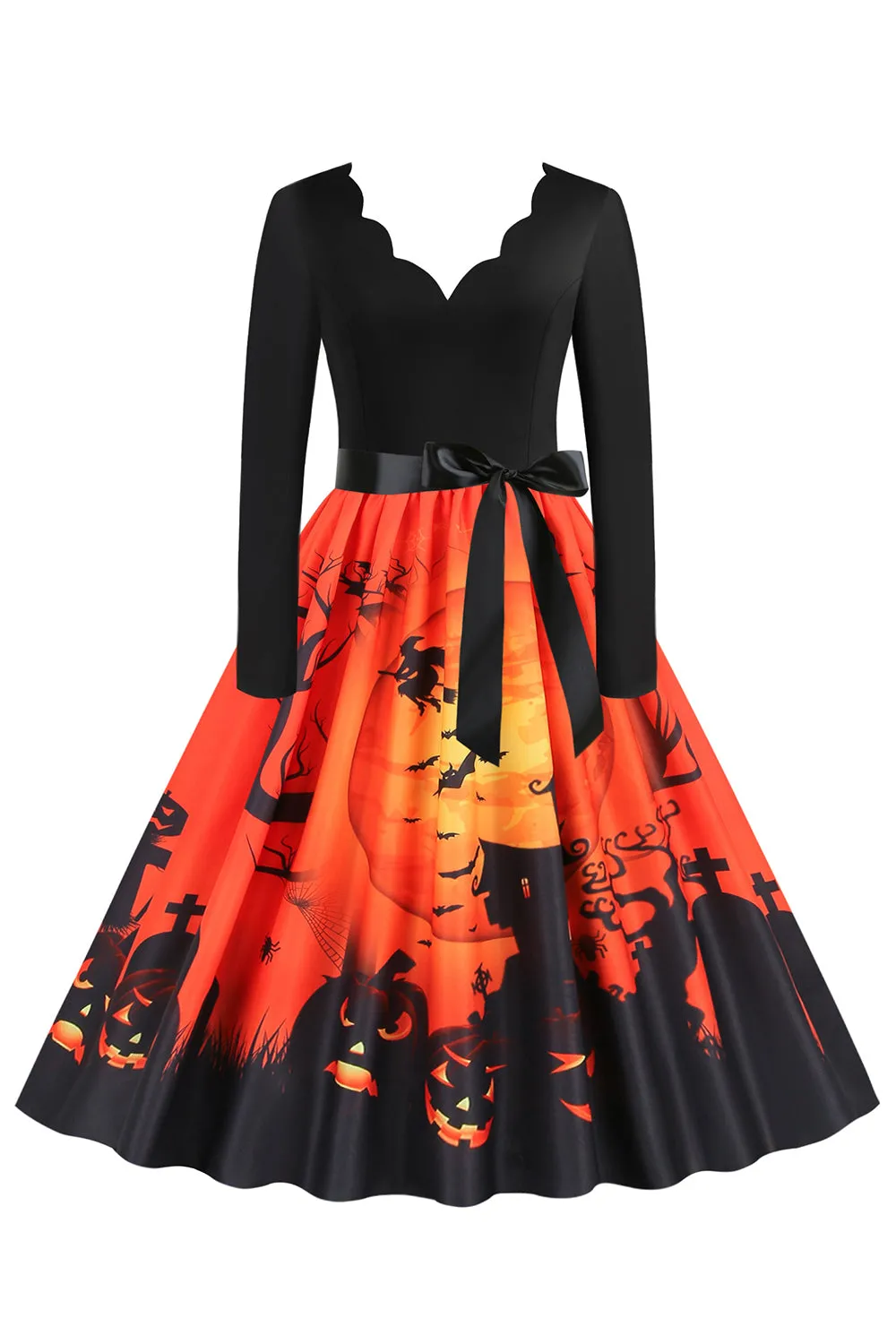 V-Neck Long Sleeve Jack-o-lantern Print Halloween Retro Dress sold by Zapaka product image thumbnail 5