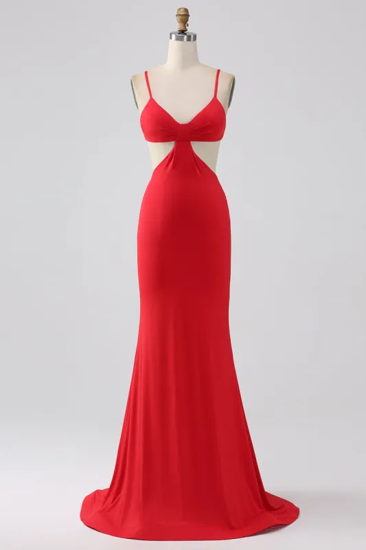 Spaghetti Straps Mermaid Backless Red Long Prom Dress sold by Zapaka