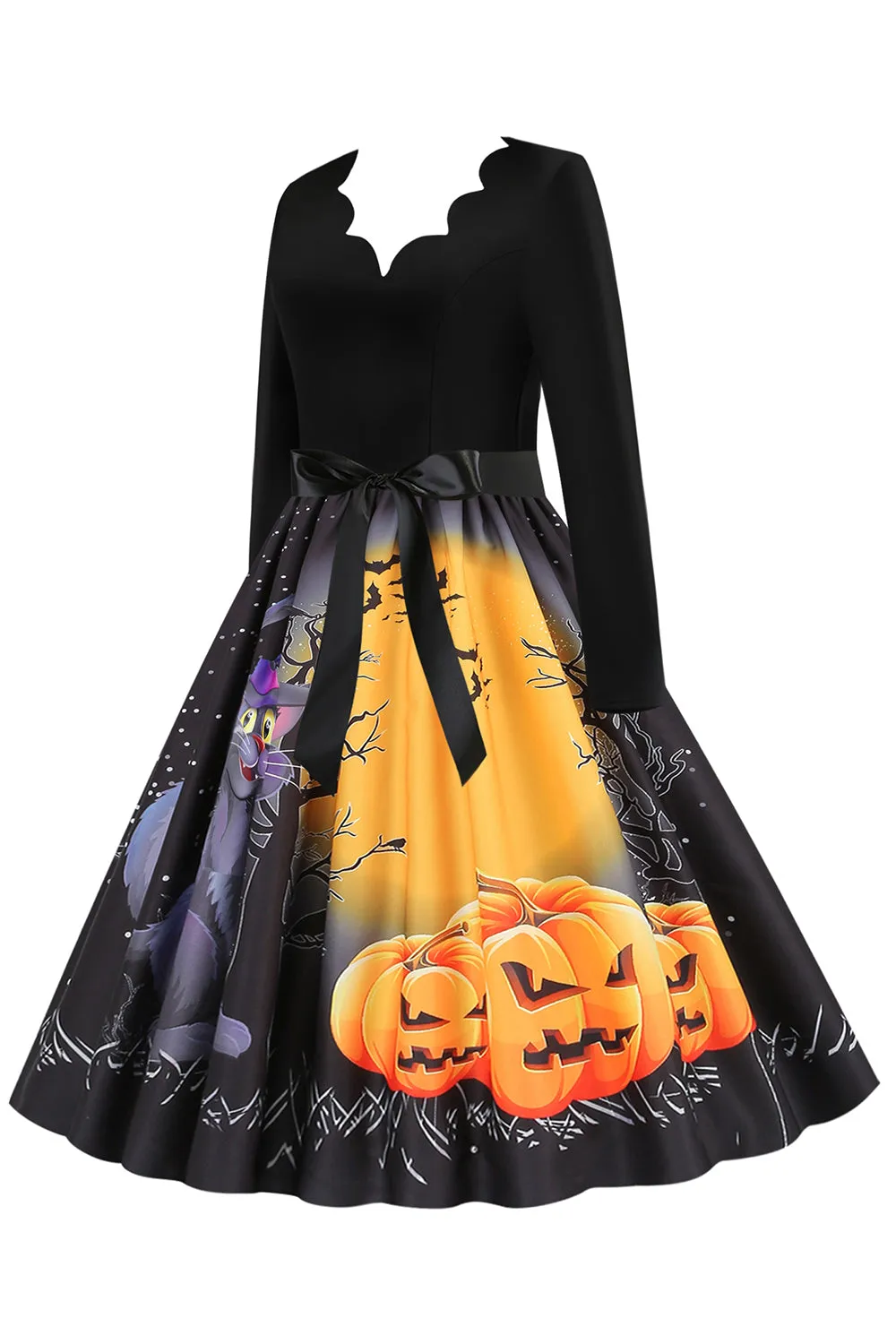 V-Neck Long Sleeve Jack-o-lantern Print Halloween Retro Dress sold by Zapaka product image thumbnail 3