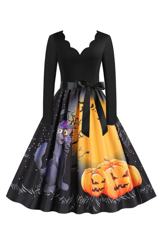 V-Neck Long Sleeve Jack-o-lantern Print Halloween Retro Dress made by Zapaka