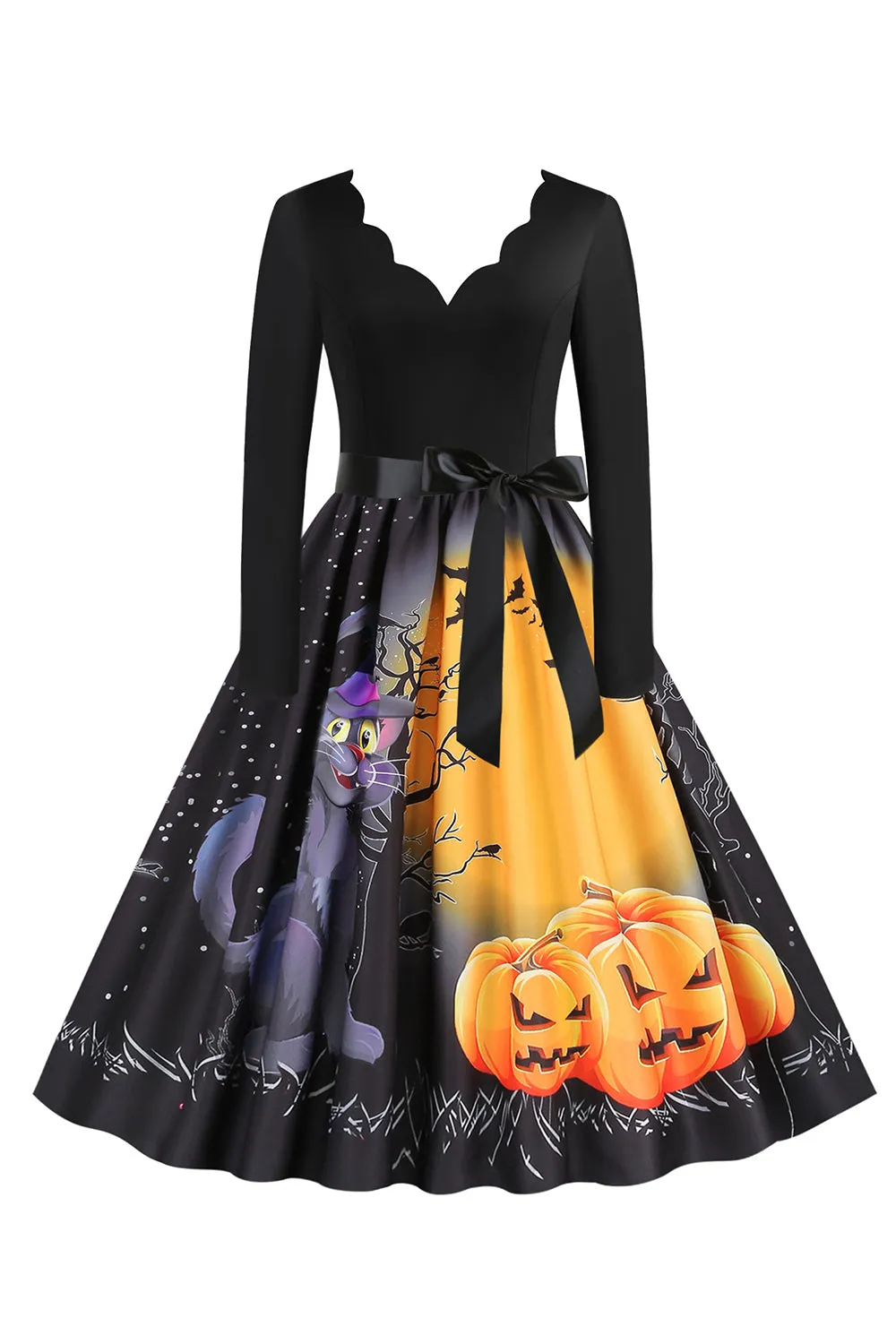 V-Neck Long Sleeve Jack-o-lantern Print Halloween Retro Dress sold by Zapaka