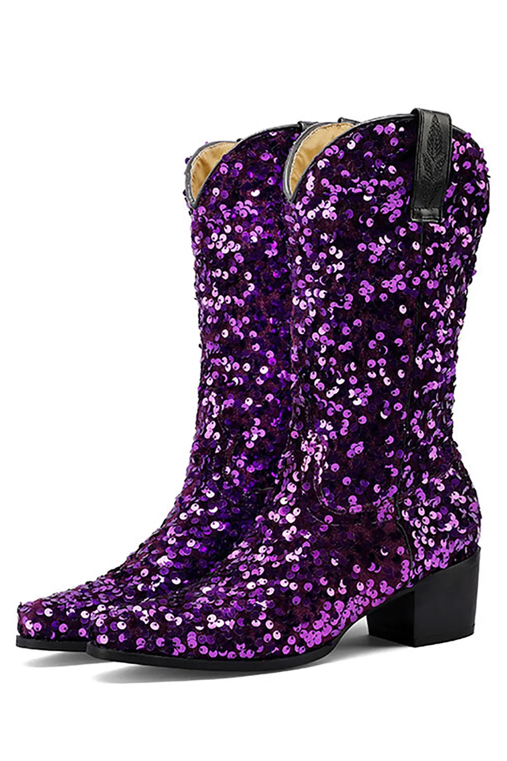 Glitter Black Mid Calf Sequins Snip Toe Chunky Heeled Boots sold by Zapaka product image thumbnail 5