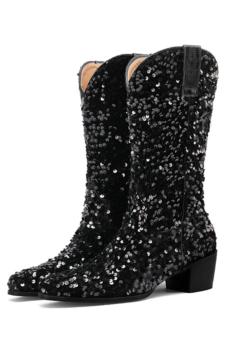 Glitter Black Mid Calf Sequins Snip Toe Chunky Heeled Boots sold by Zapaka