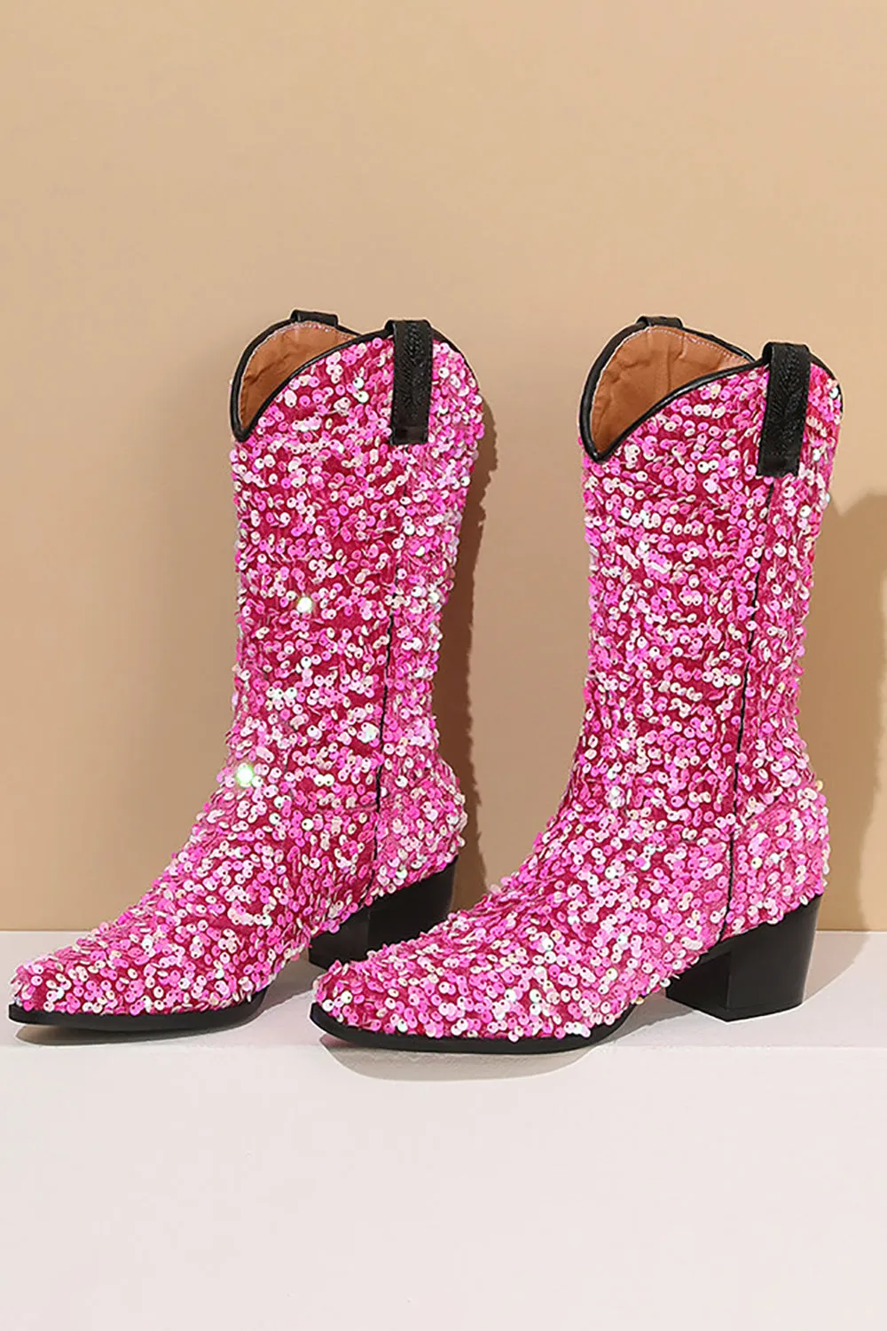 Glitter Black Mid Calf Sequins Snip Toe Chunky Heeled Boots sold by Zapaka product image thumbnail 3