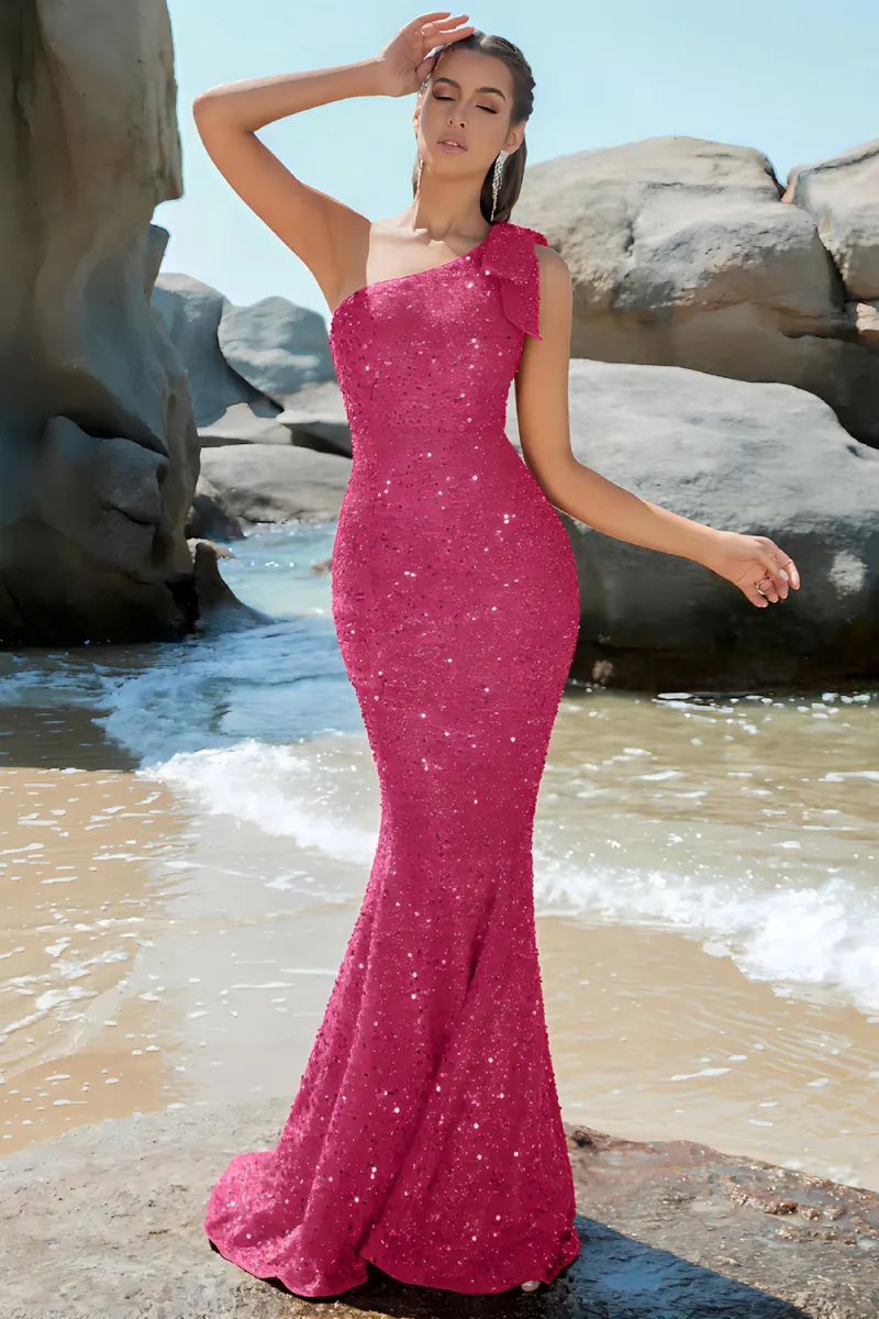 hot pink one shoulder prom dress Pleated Dresses with Slit Feather Bottom 24175 Hot Pink / US14 The luxurious hot pink matte stretch satin fabric offers a vibrant pop of color Hot Pink One Shoulder Prom