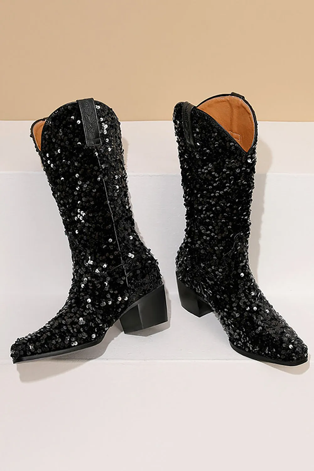 Glitter Black Mid Calf Sequins Snip Toe Chunky Heeled Boots sold by Zapaka product image thumbnail 2