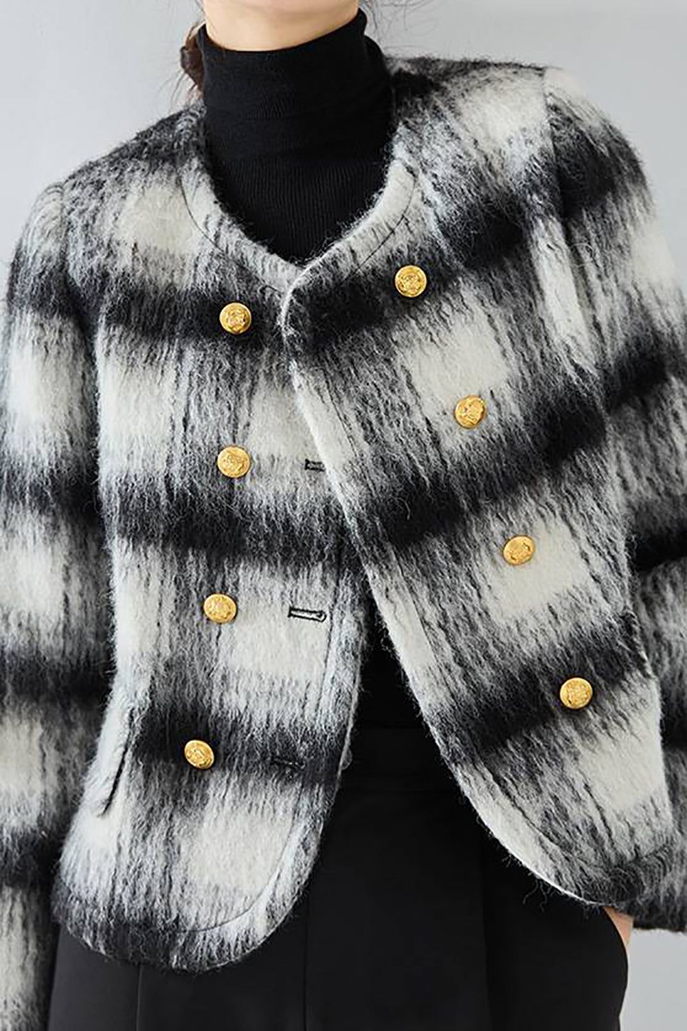 Black Plaid Double Breasted Cropped Women Coat sold by Zapaka product image thumbnail 4