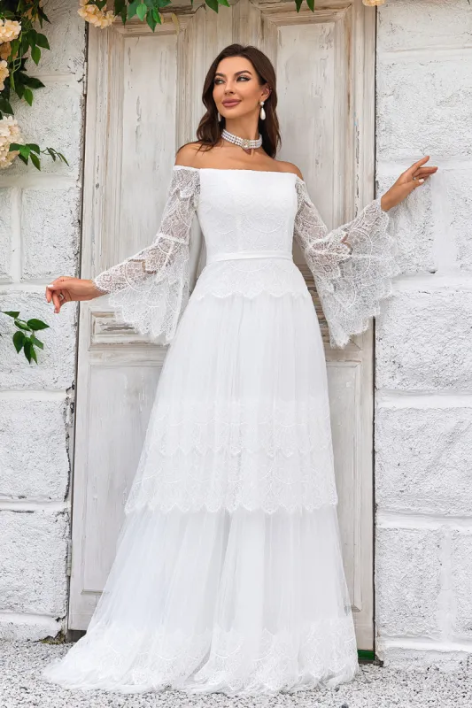 Ivory Sweep Train Flare Sleeves Wedding Dress made by Zapaka