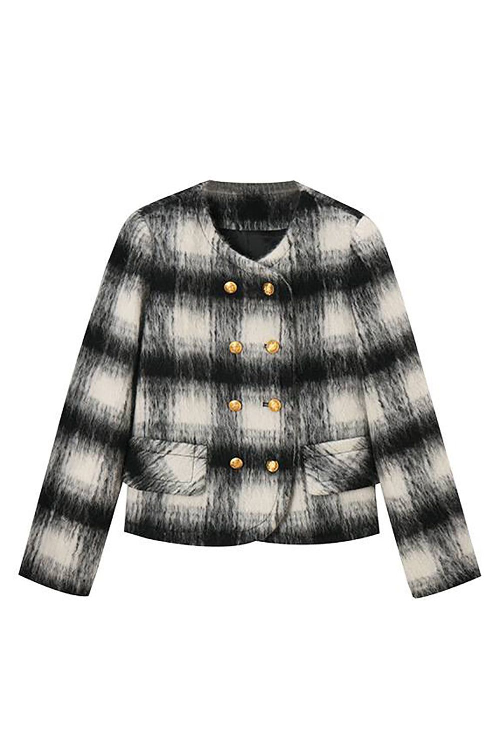 Black Plaid Double Breasted Cropped Women Coat sold by Zapaka product image thumbnail 2