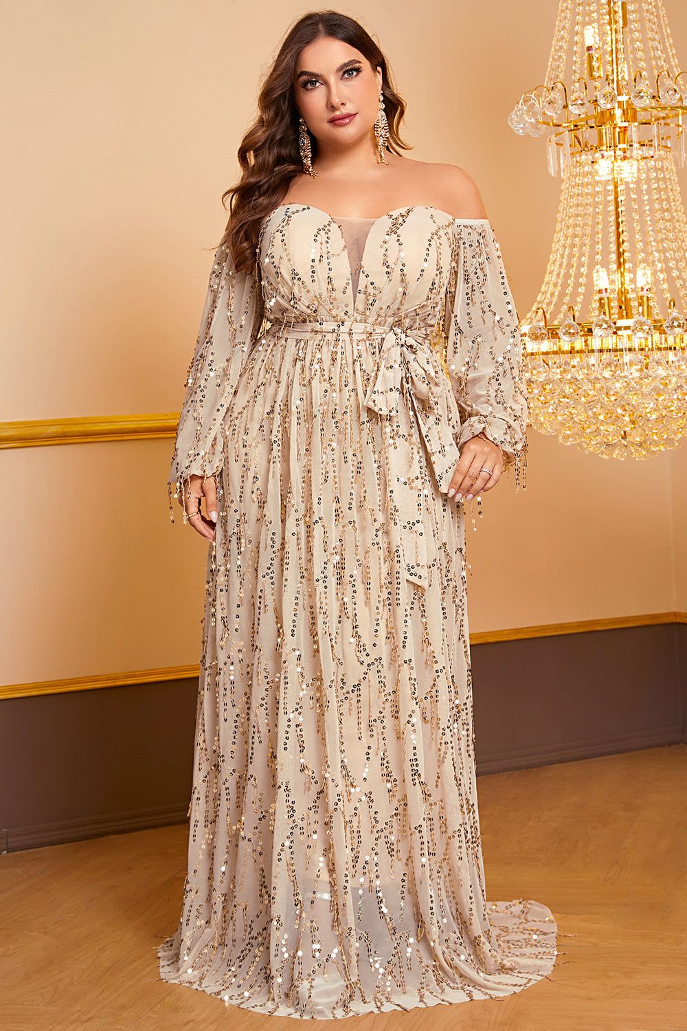 A-Line Champagne Off The Shoulder Plus Size Prom Dress With Sequins sold by Zapaka