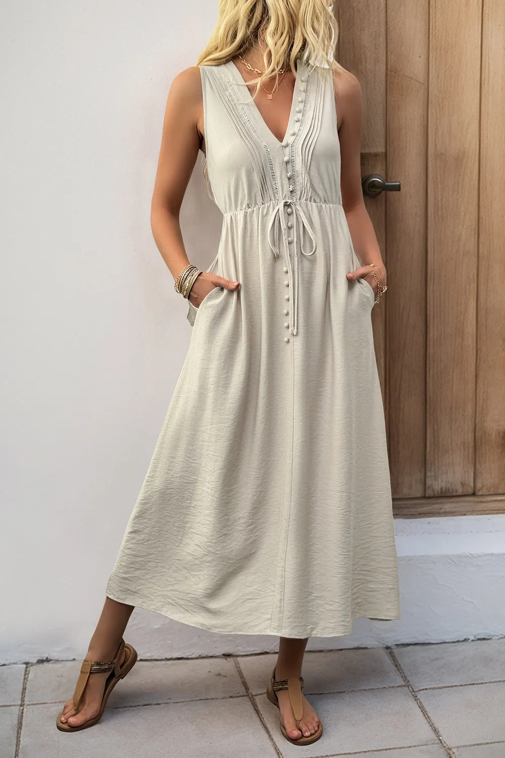 V Neck Khaki A Line Casual Summer Dress with Pockets sold by Zapaka